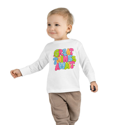 Toddler Long Sleeve Tee - 'Great Things Await' - Colorful Playful Shirt for Kids