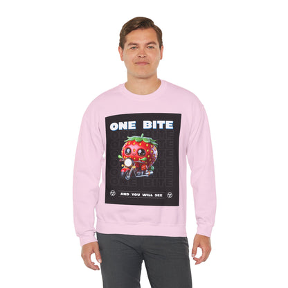 Cute Strawberry Graphic Crewneck Sweatshirt - "One Bite"