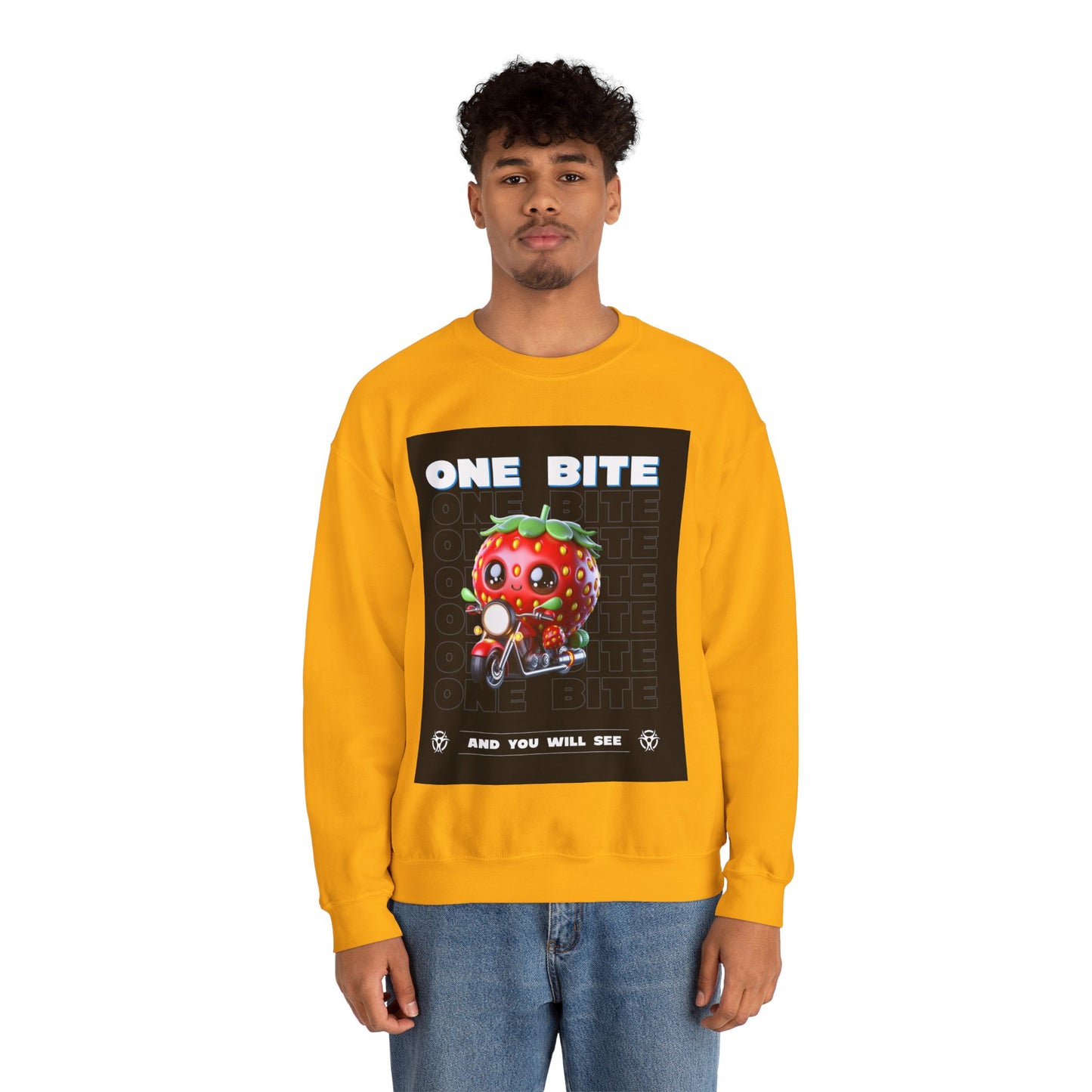 Cute Strawberry Graphic Crewneck Sweatshirt - "One Bite"